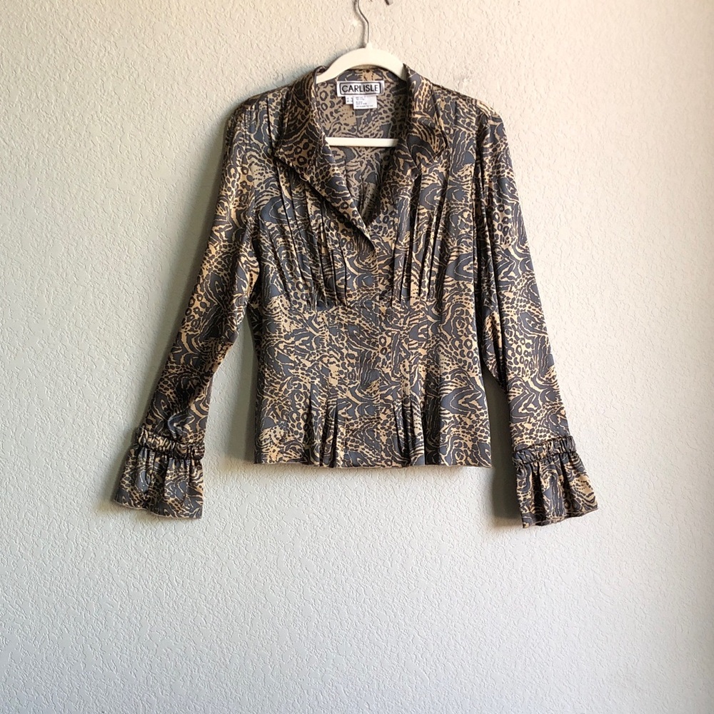 Carlisle Vintage Animal Print Silk Long Sleeve Blouse Pleated V Neck